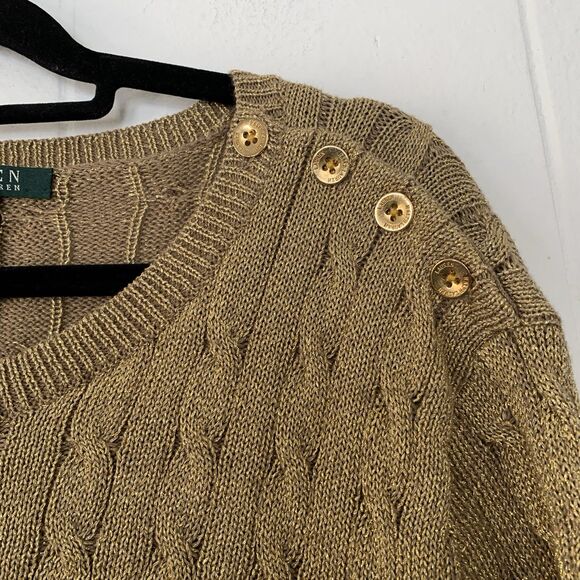 Lauren Ralph Lauren Womens 3XL Cable Knit Sweater Metallic Gold Button Old Money - Picture 2 of 6